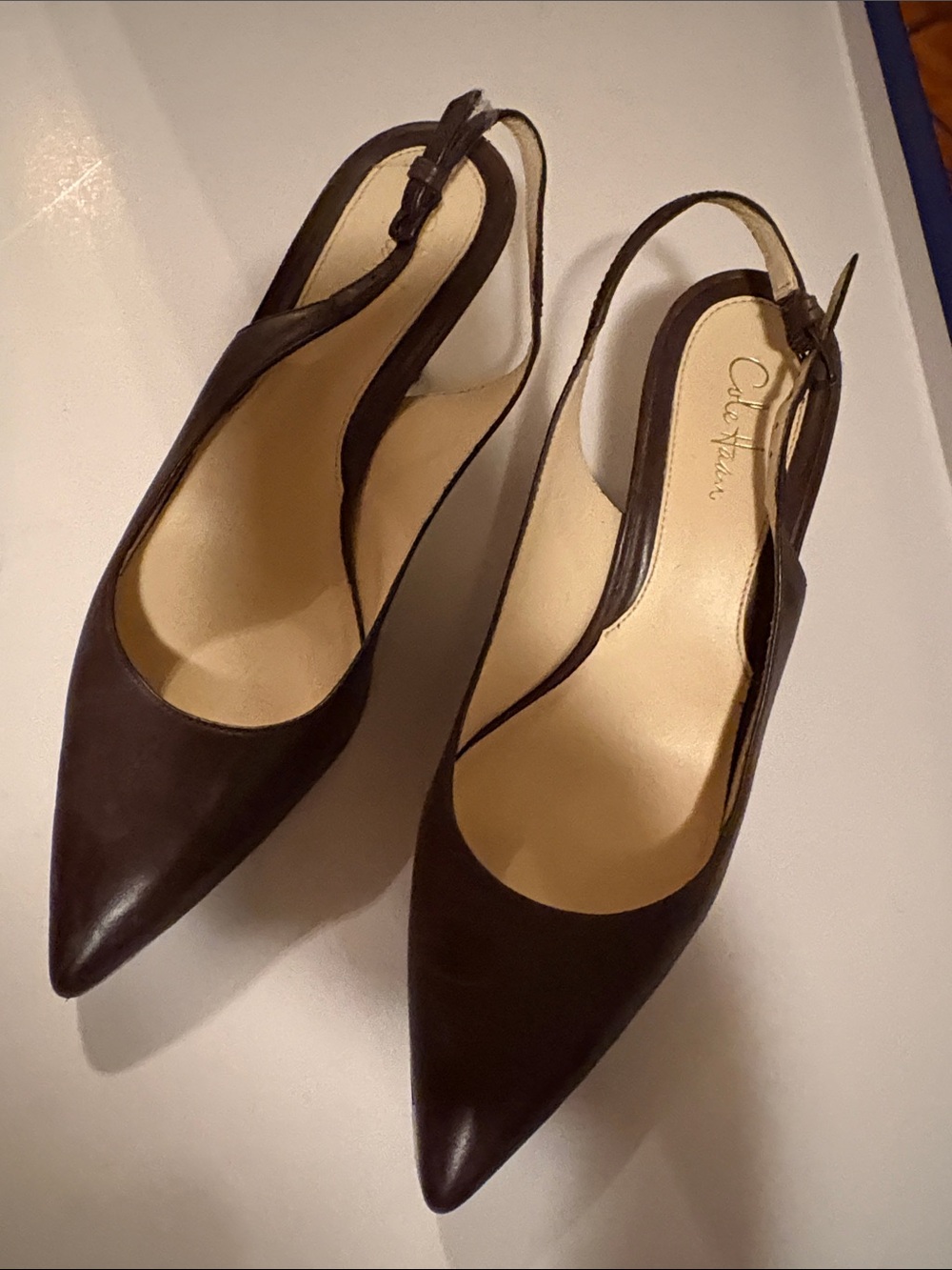 Cole Haan Dark Brown Leather Pointed Slingback Heels